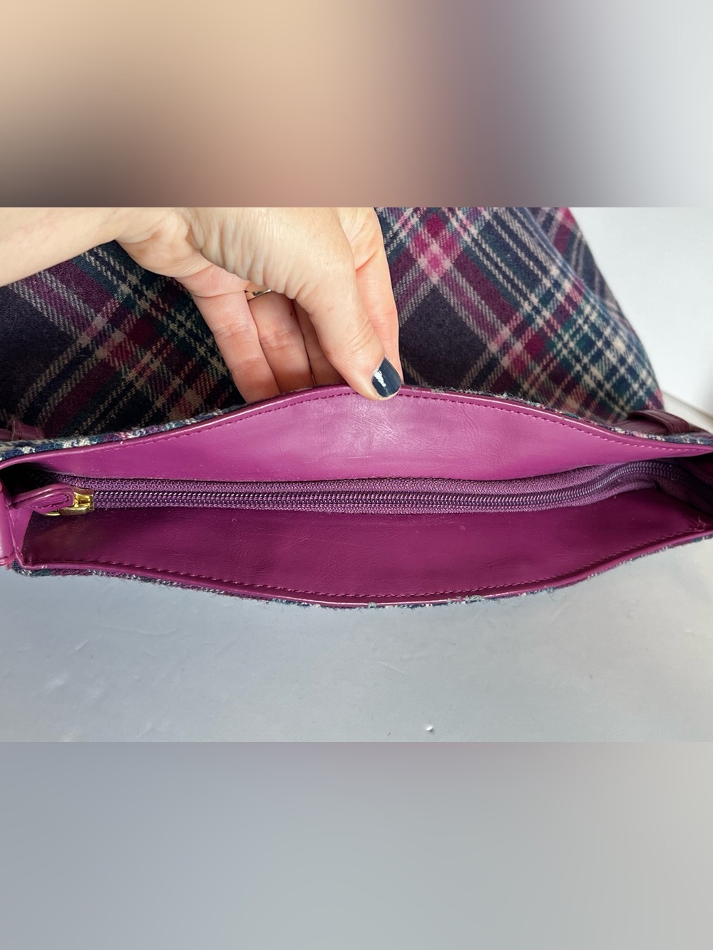 Ness Scotland Heritage Plaid Tweed Satchel Crossbody Bag - Purple/Burgundy - Picture 12 of 16